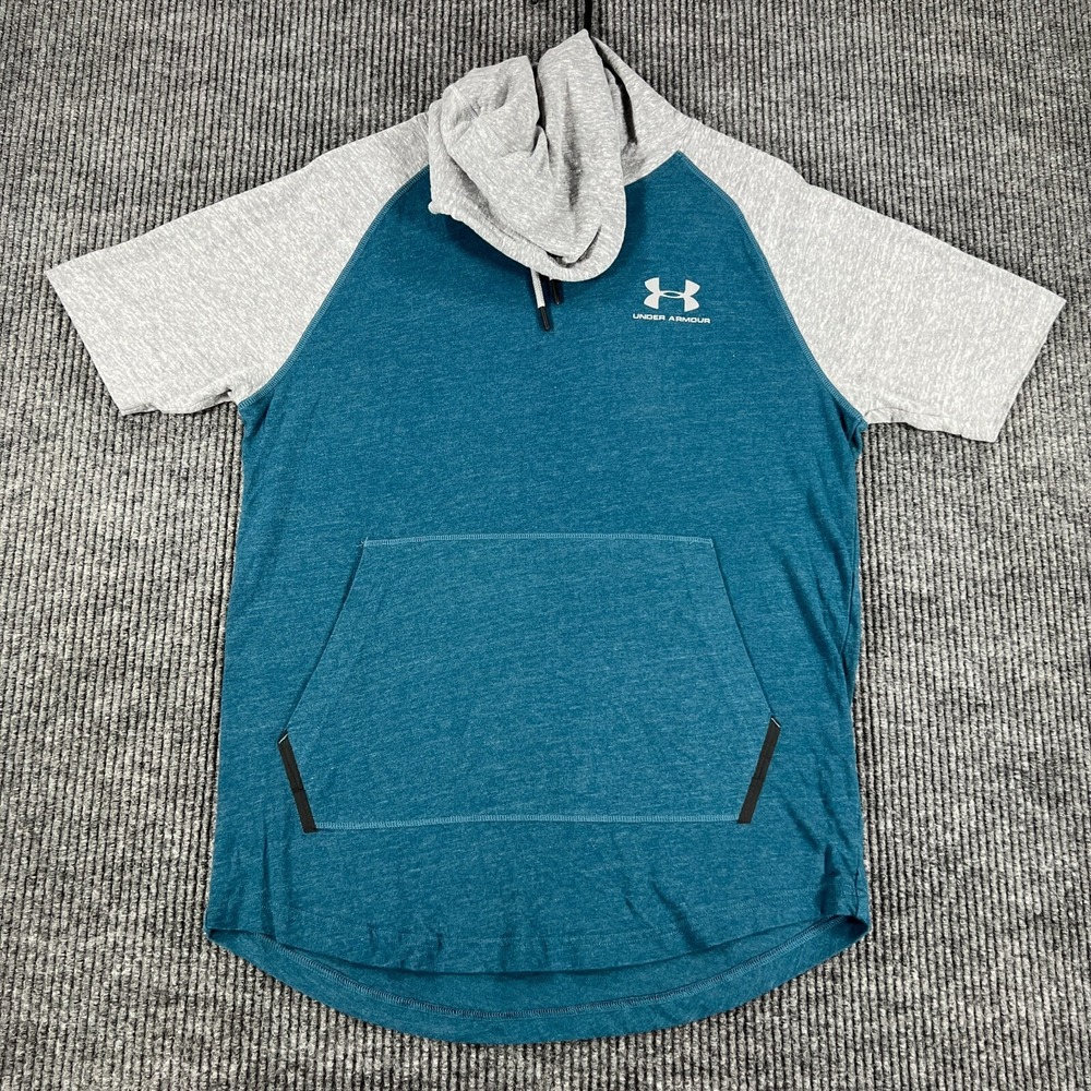 Under Armour Shirt Mens Small Short Sleeve Hooded Loose Fit Heat Gear Blue Gray